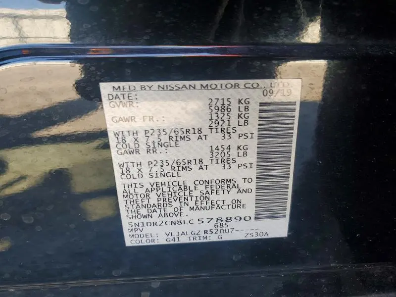 NISSAN PATHFINDER 2020 VIN 5N1DR2CN8LC578890