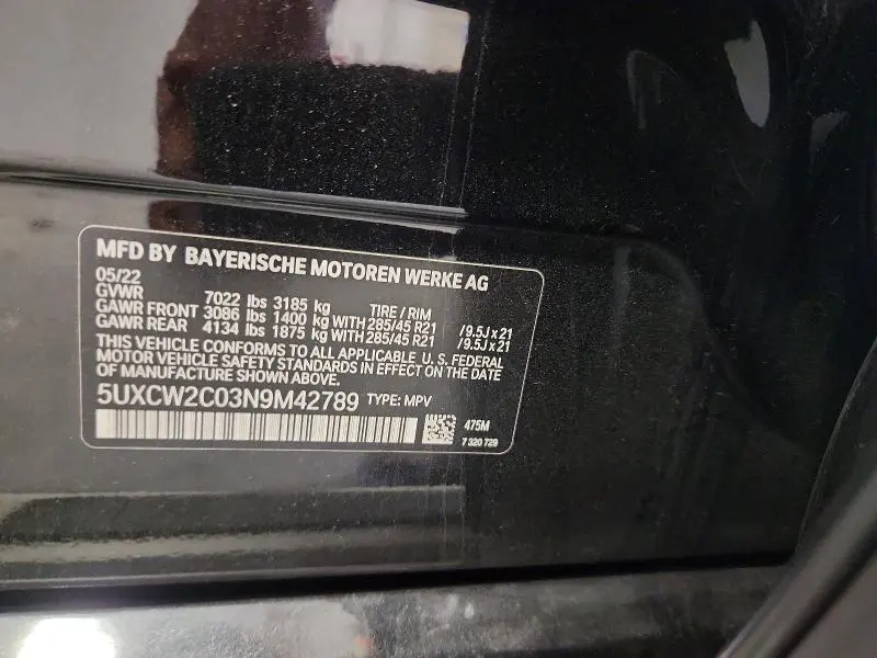 BMW X7 2022 VIN 5UXCW2C03N9M42789