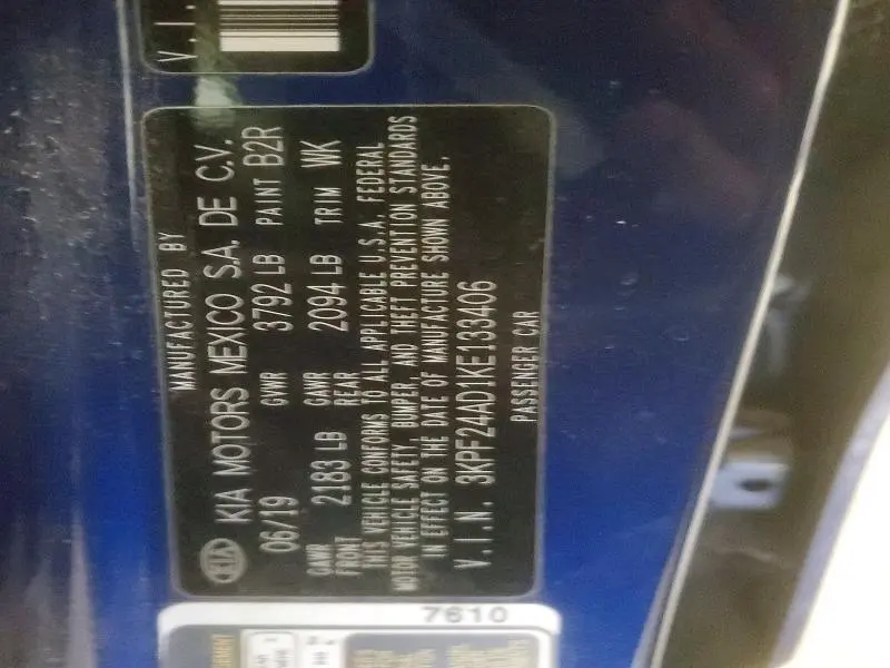 KIA FORTE 2019 VIN 3KPF24AD1KE133406