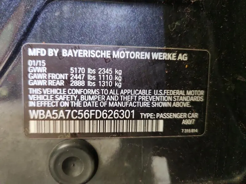 BMW 5 SERIES 2015 VIN WBA5A7C56FD626301