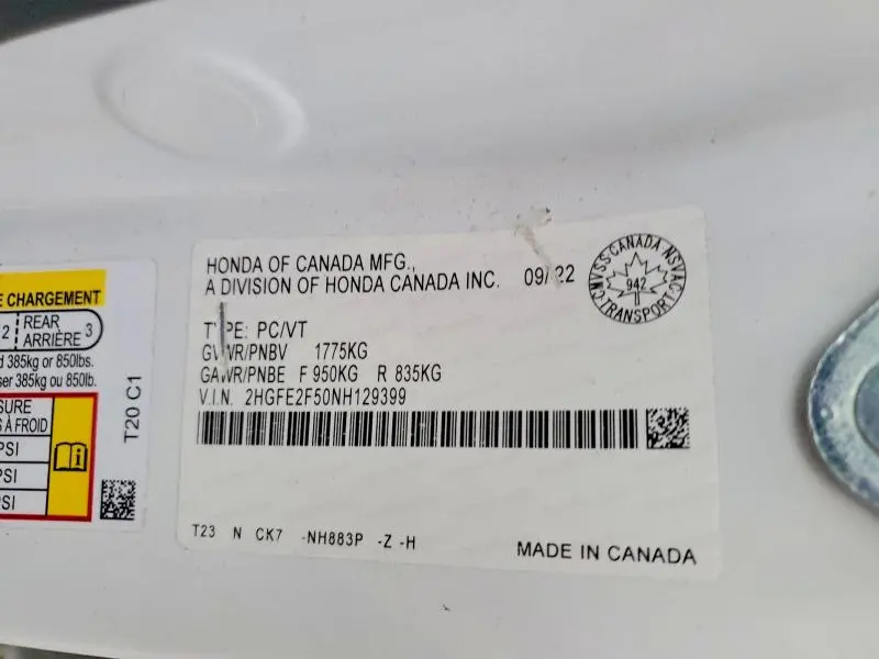 HONDA CIVIC 2022 VIN 2HGFE2F50NH129399