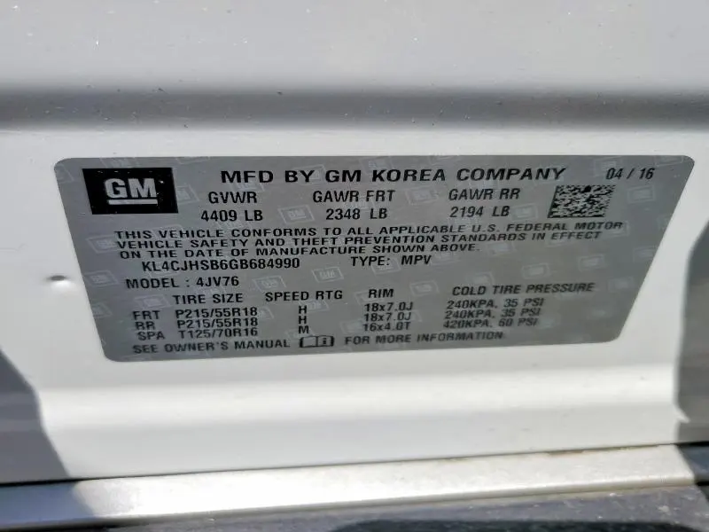 BUICK ENCORE 2016 VIN KL4CJHSB6GB684990