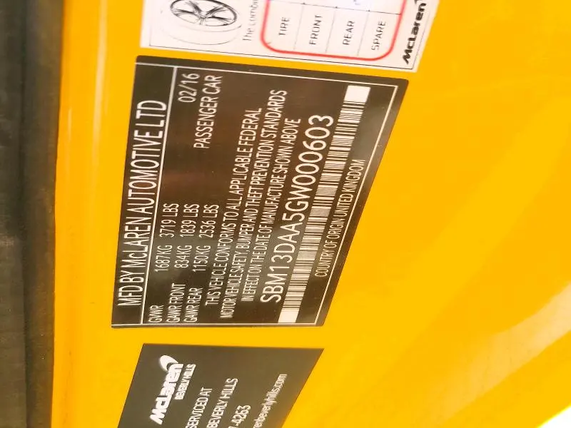 MCLAREN-AUTOMOTIVE ALL OTHER 2016 VIN SBM13DAA5GW000603