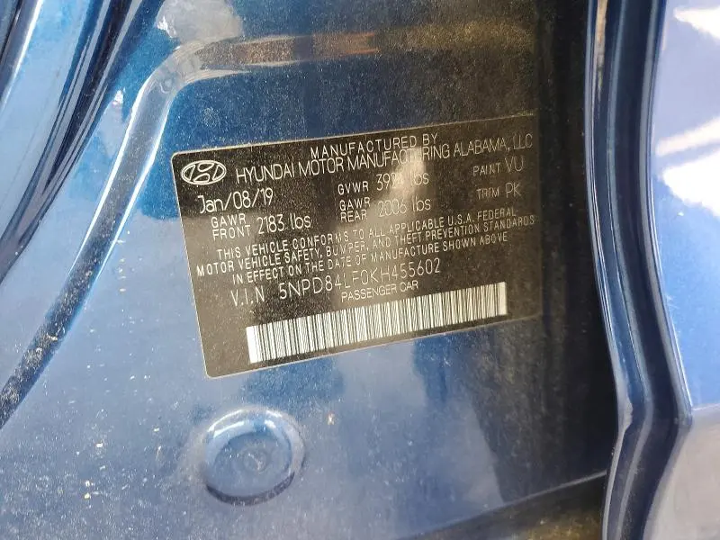 HYUNDAI ELANTRA 2019 VIN 5NPD84LF0KH455602