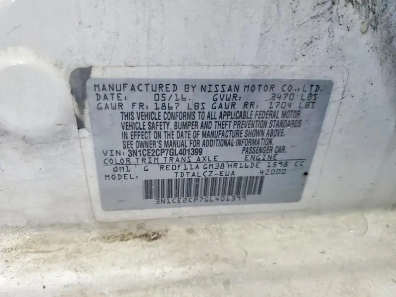 NISSAN VERSA 2016 VIN 3N1CE2CP7GL401399
