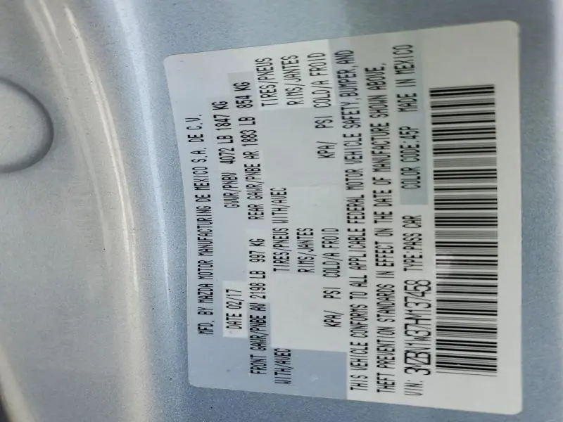 MAZDA 3 2017 VIN 3MZBN1W37HM137458