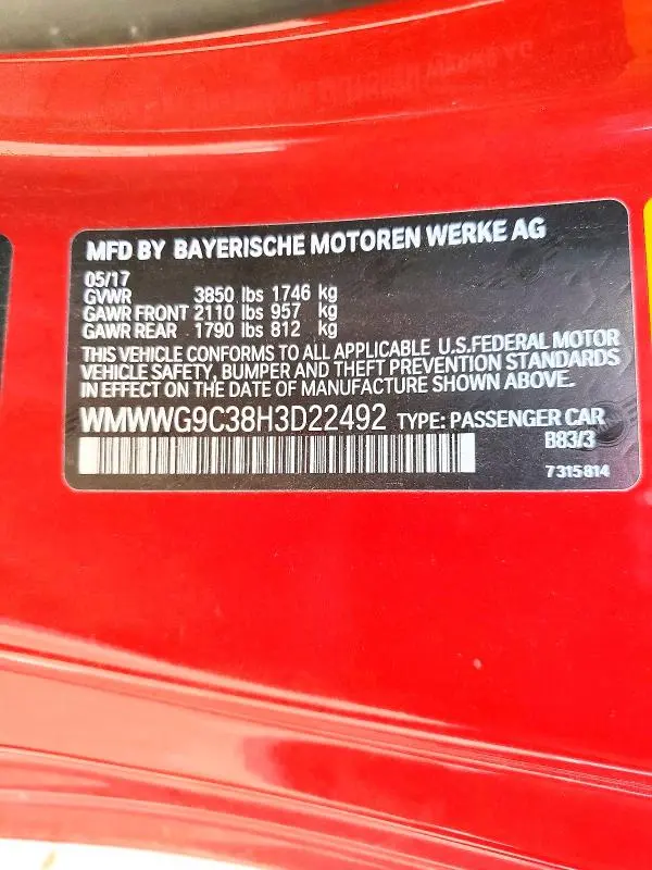 MINI COOPER 2017 VIN WMWWG9C38H3D22492