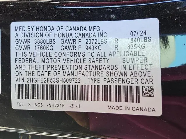 HONDA CIVIC 2025 VIN 2HGFE2F53SH509722