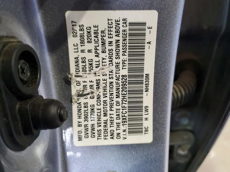 HONDA CIVIC 2017 VIN 19XFC1F72HE209528