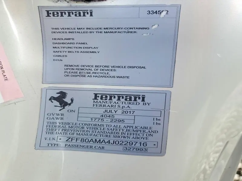 FERRARI ALL OTHER 2018 VIN ZFF80AMA4J0229716