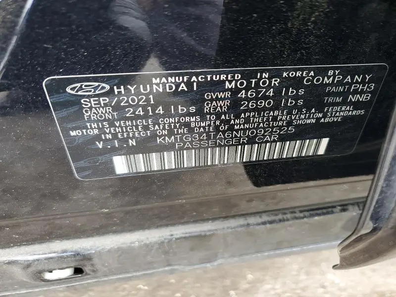 GENESIS G70 2022 VIN KMTG34TA6NU092525
