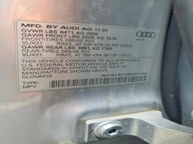 AUDI Q8 2021 VIN WA1EVAF10MD021050