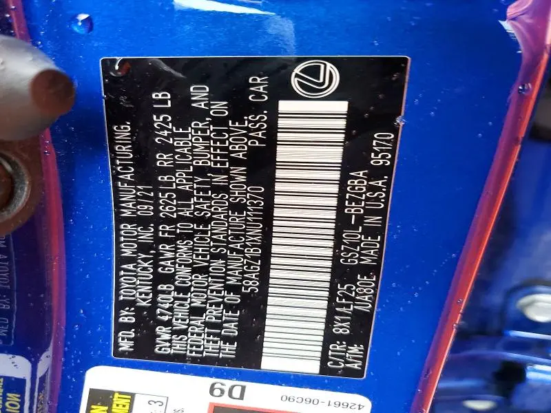 LEXUS ES350 2022 VIN 58AGZ1B1XNU111370