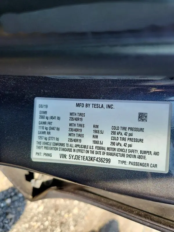 TESLA MODEL 3 2019 VIN 5YJ3E1EA3KF436299