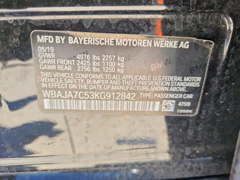 BMW 5 SERIES 2019 VIN WBAJA7C53KG912842