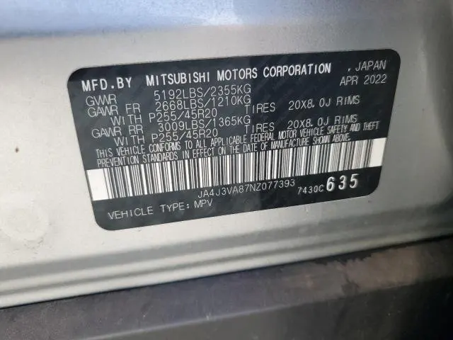 MITSUBISHI OUTLANDER 2022 VIN JA4J3VA87NZ077393