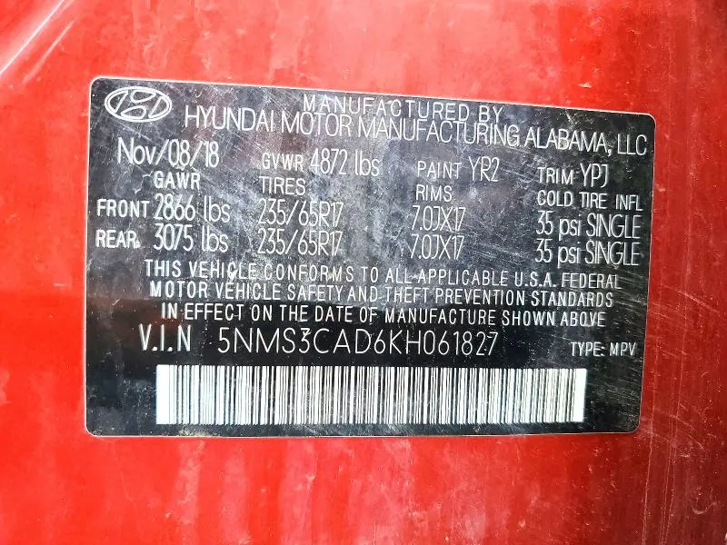HYUNDAI SANTA FE 2019 VIN 5NMS3CAD6KH061827