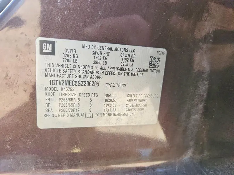 GMC SIERRA 2016 VIN 1GTV2MEC5GZ206205