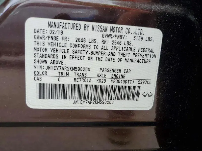 INFINITI Q50 2019 VIN JN1EV7AR2KM590200