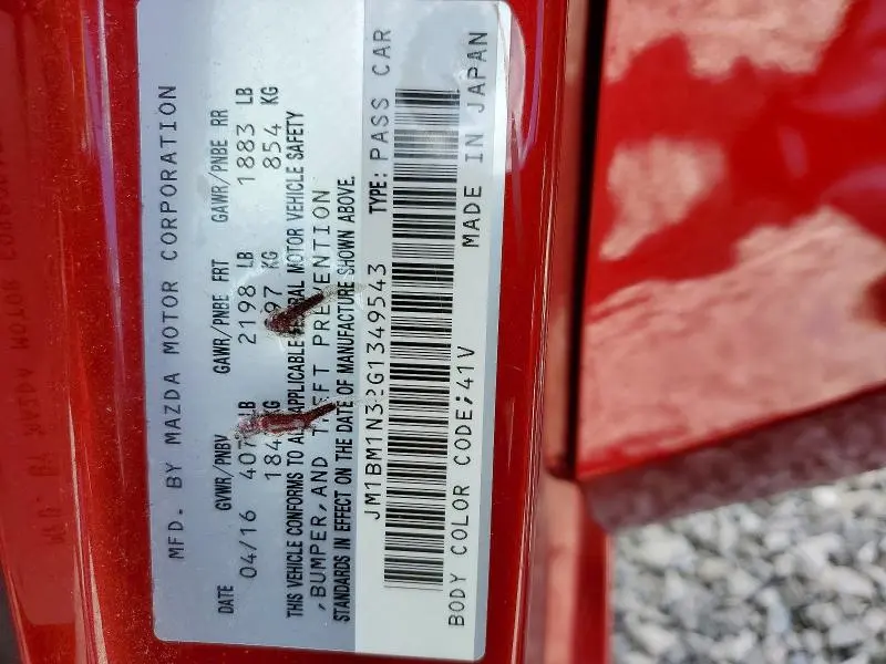 MAZDA 3 2016 VIN JM1BM1N32G1349543