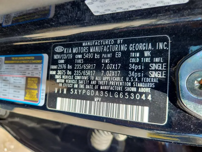 KIA SORENTO 2020 VIN 5XYPGDA35LG653044
