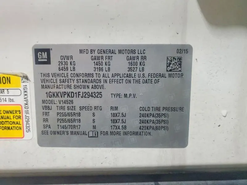 GMC ACADIA 2015 VIN 1GKKVPKD1FJ294325