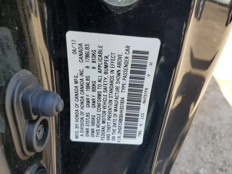 HONDA CIVIC 2017 VIN 2HGFC4B06HH307834