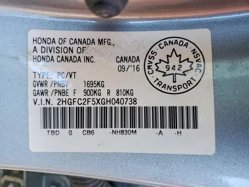 HONDA CIVIC 2016 VIN 2HGFC2F5XGH040738