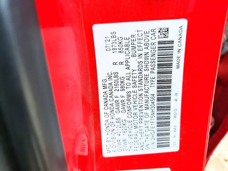HONDA CIVIC 2022 VIN 2HGFE1F75NH304564
