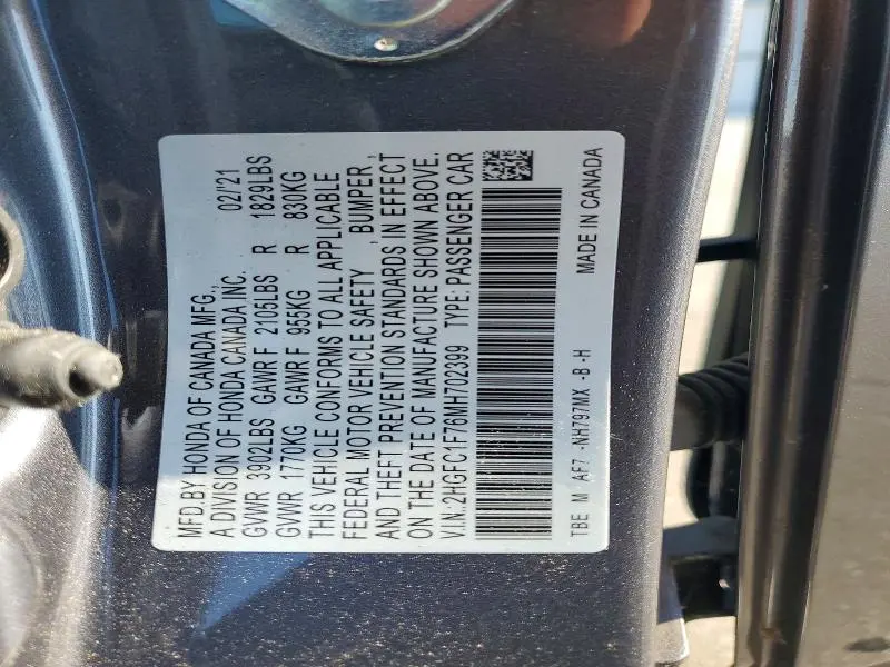 HONDA CIVIC 2021 VIN 2HGFC1F76MH702399