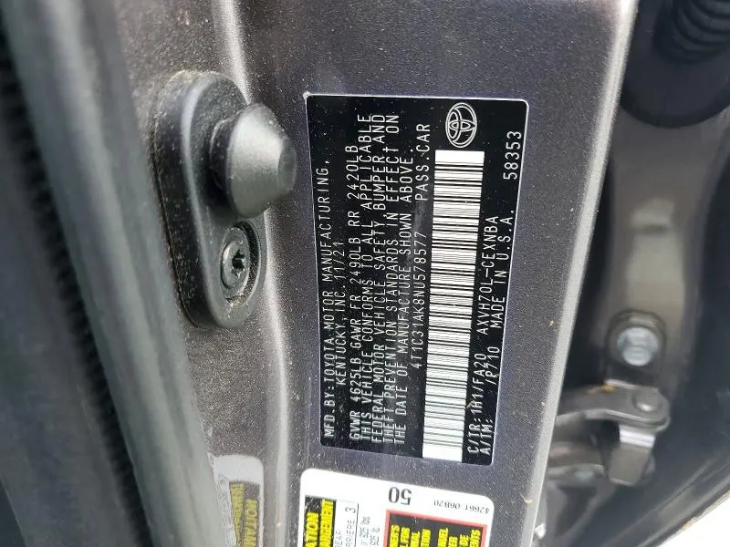 TOYOTA CAMRY 2022 VIN 4T1C31AK8NU578577