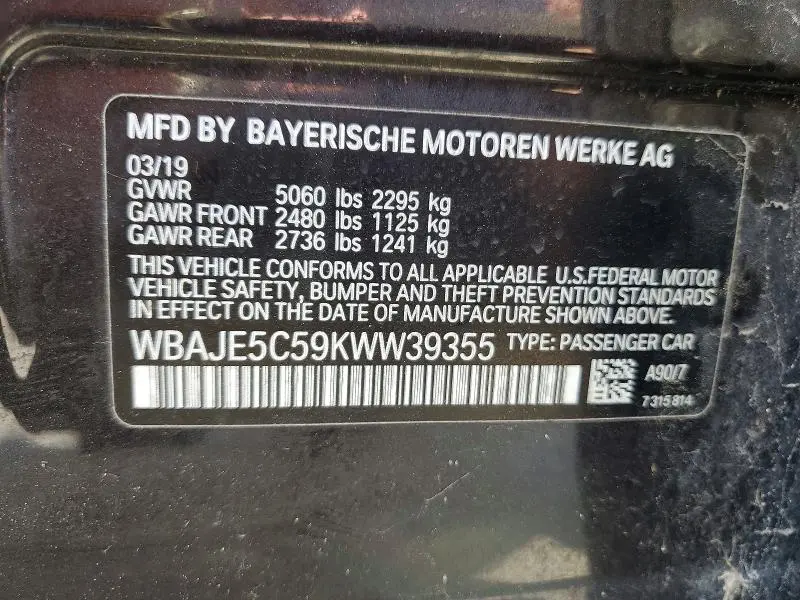 BMW 5 SERIES 2019 VIN WBAJE5C59KWW39355