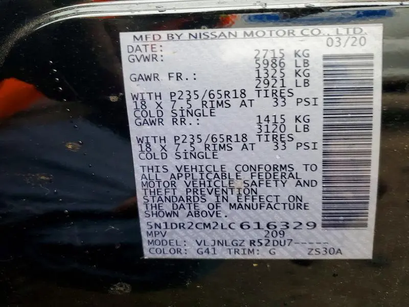 NISSAN PATHFINDER 2020 VIN 5N1DR2CM2LC616329