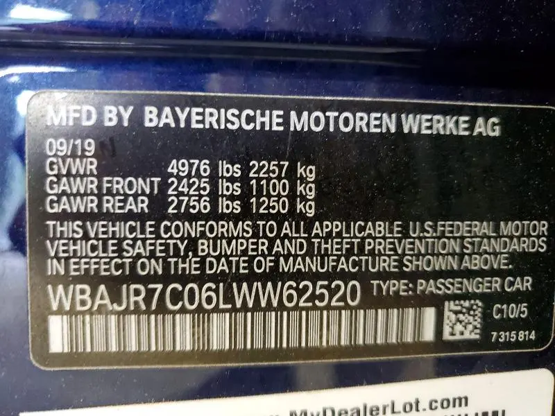 BMW 5 SERIES 2020 VIN WBAJR7C06LWW62520