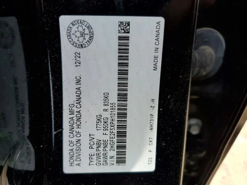 HONDA CIVIC 2023 VIN 2HGFE2F5XPH101855
