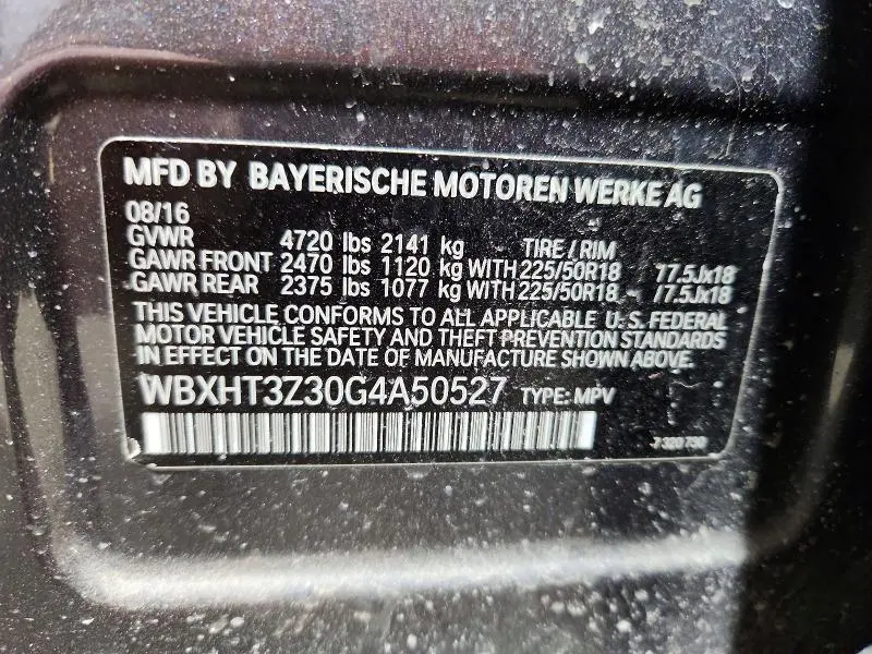 BMW X1 2016 VIN WBXHT3Z30G4A50527