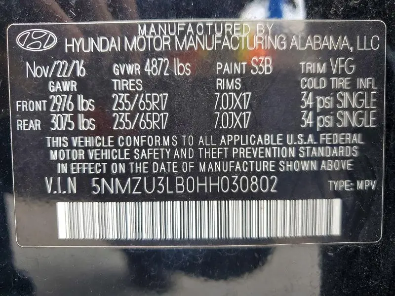 HYUNDAI SANTA FE 2017 VIN 5NMZU3LB0HH030802