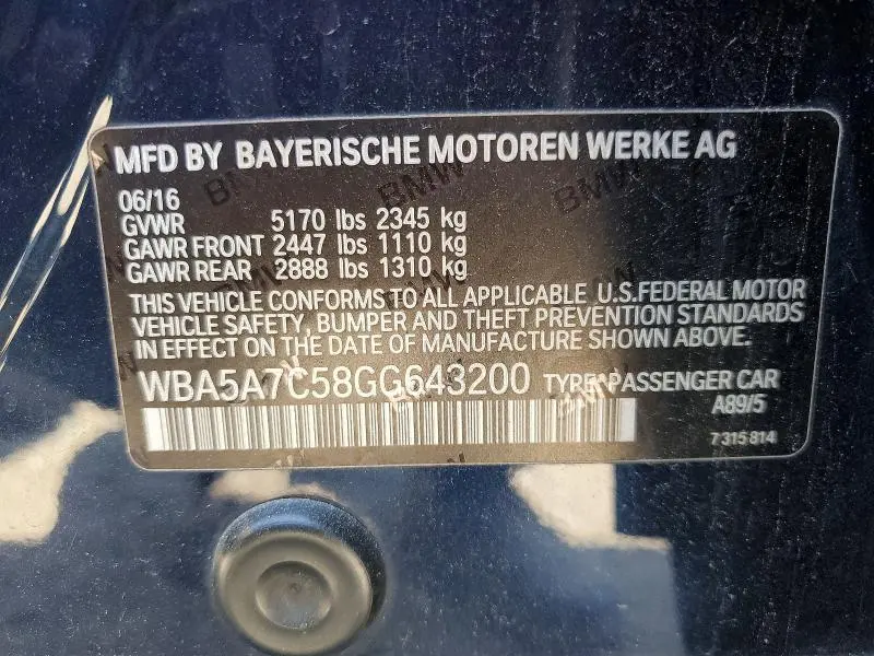BMW 5 SERIES 2016 VIN WBA5A7C58GG643200