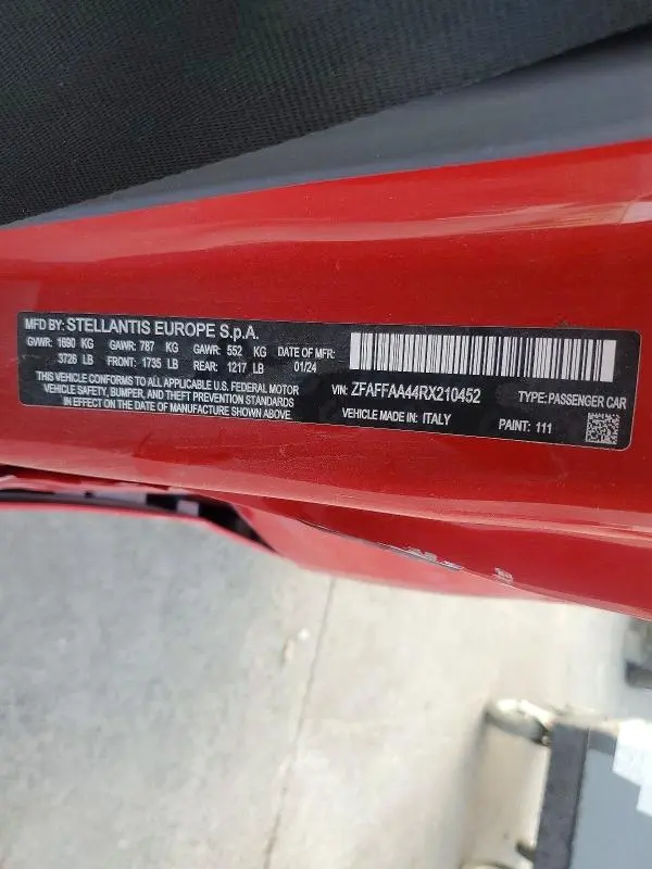 FIAT 500 2024 VIN ZFAFFAA44RX210452