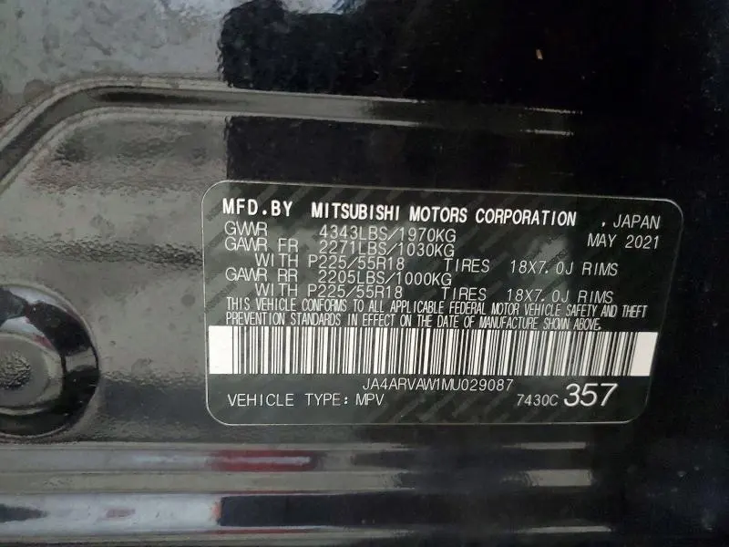 MITSUBISHI OUTLANDER 2021 VIN JA4ARVAW1MU029087