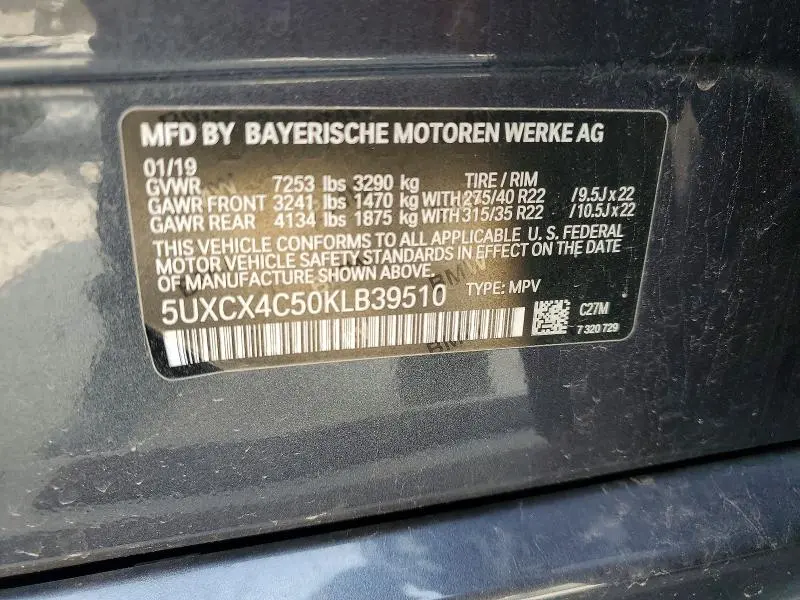 BMW X7 2019 VIN 5UXCX4C50KLB39510