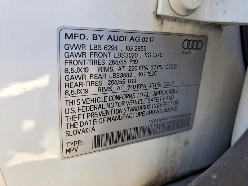 AUDI Q7 2017 VIN WA1AHAF77HD045829
