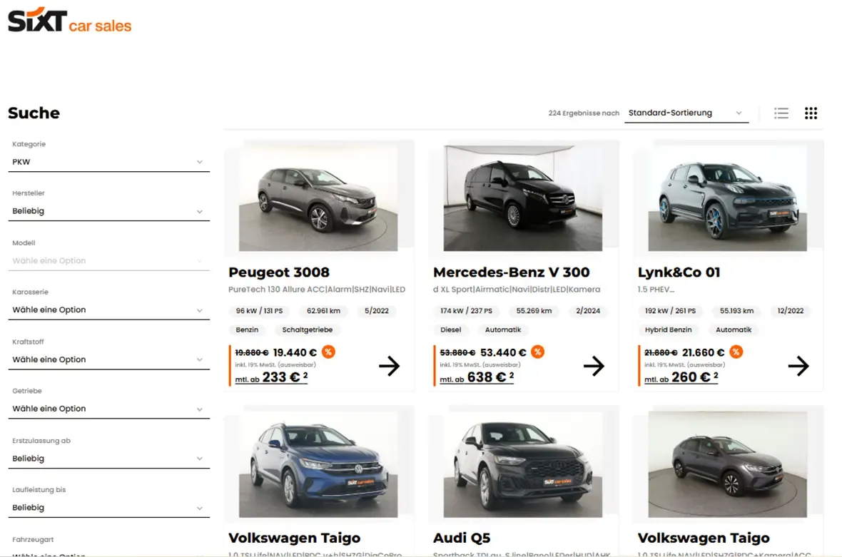 Каталог автомобилей на SIXT Car Sales